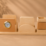 Wooden Desk Organizer with Clock & Pen Holder