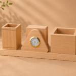 Wooden Desk Organizer with Clock & Pen Holder