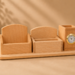 Wooden Desk Organizer with Clock & Pen Holder