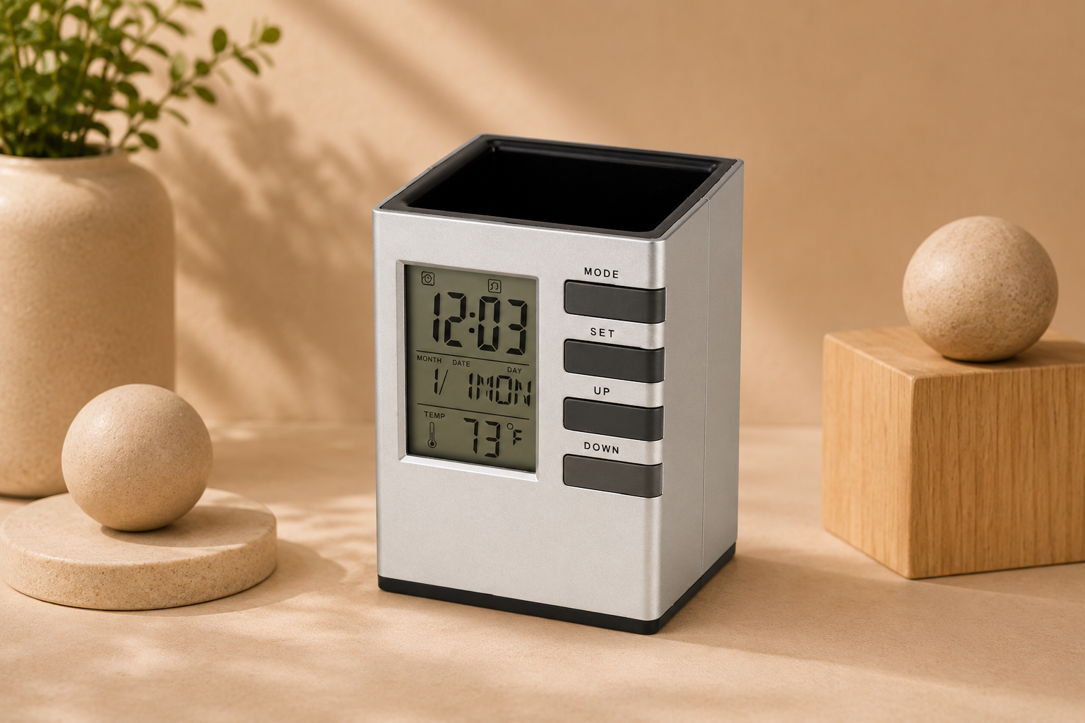 ChatGPT Image Jul 21, 2026, 10_36_34 AM Digital Pen Stand with LCD Clock & Calendar - Image 1