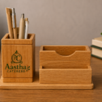 Wooden Desk Organizer with Pen Holder & Visiting Card Holder