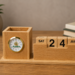 Wooden Desk Organizer with Clock & Pen Holder Calender